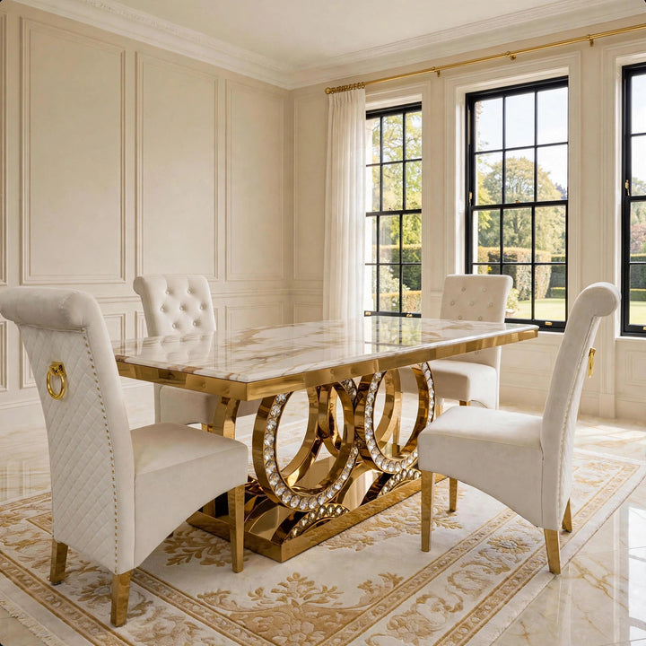 160cm Crystal Black & Gold Dining Table with Sofia Black & Gold Velvet Chairs