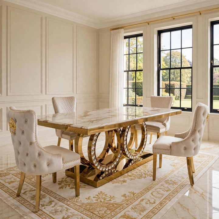 180cm Crystal White & Gold Marble Dining Table with Victoria Cream Velvet Gold Chairs