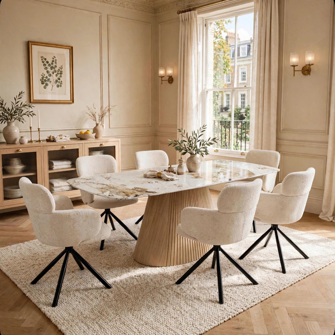 Marino Pandora Beige Extendable Dining Table 160-240cm with Tuscany Beige Velvet 360° Swivel Chairs