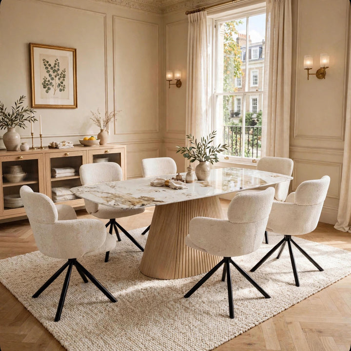 Marino Pandora Beige Extendable Dining Table 160-240cm with Tuscany Beige Velvet 360° Swivel Chairs