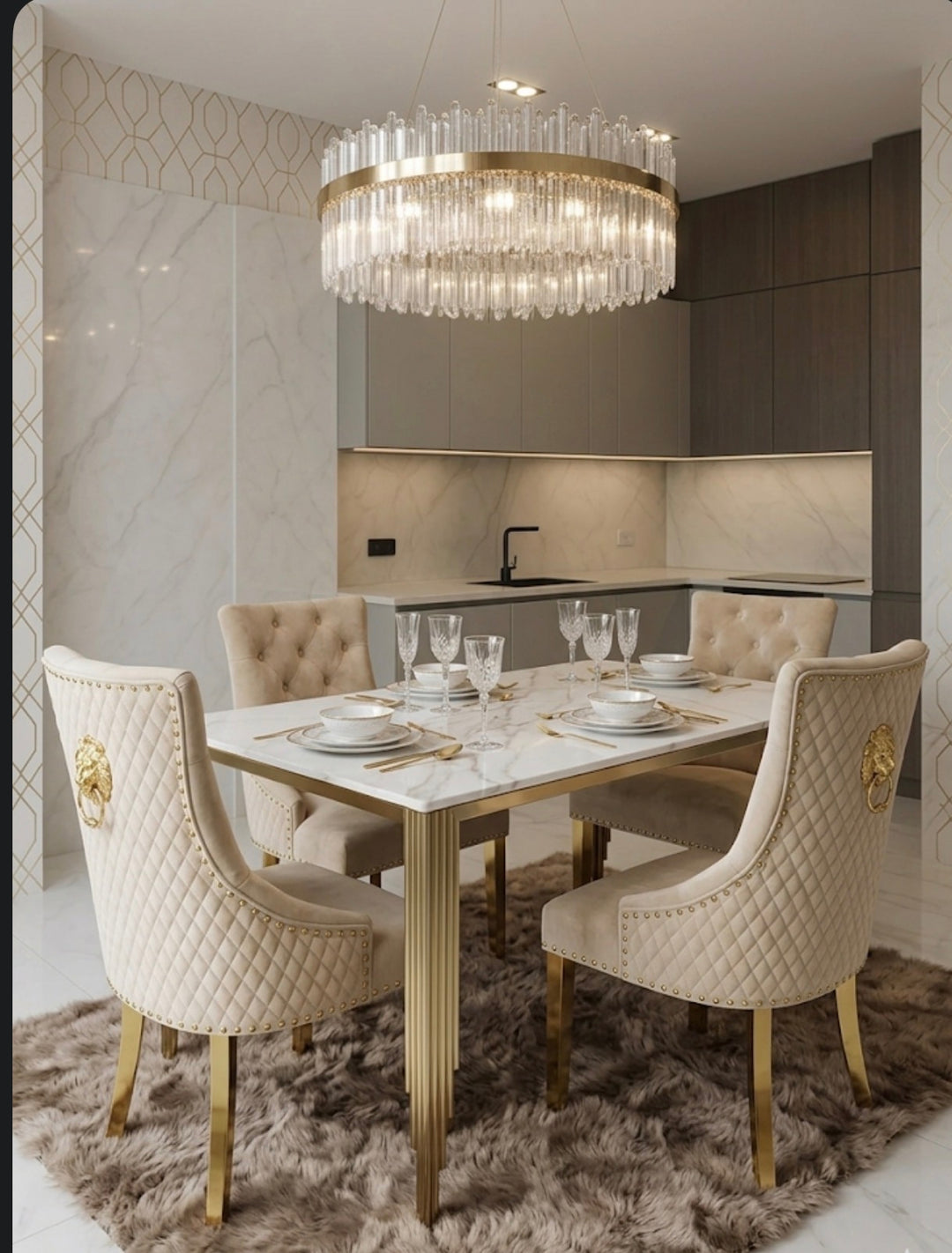 1.8M Mayfair Gold Dining Table with Majestic Gold Lion Knocker Dining Chairs | Luxury UK Dining Set
