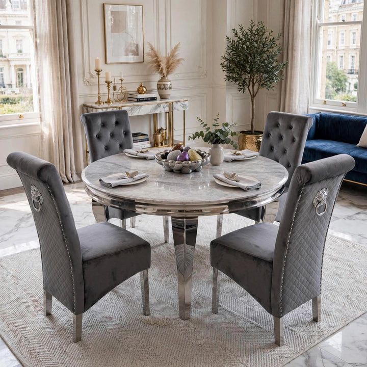 Louise 130cm Round Light Grey Marble Dining Table with Dark Grey Velvet Chairs – 4 Seater