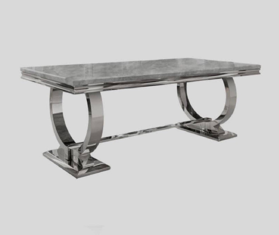 Arianna Grey Marble Dining Table with Dark Grey PU Leather Dining Chairs Lion Knocker– Modern Luxury Dining Set