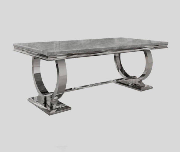 Arianna Grey Marble Dining Table with Dark Grey PU Leather Dining Chairs Lion Knocker– Modern Luxury Dining Set