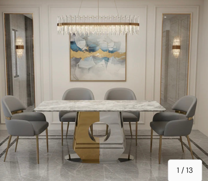 Madrid 180cm Gold Dining Table with Gold Leather Dining Chairs | Luxury Dining Set