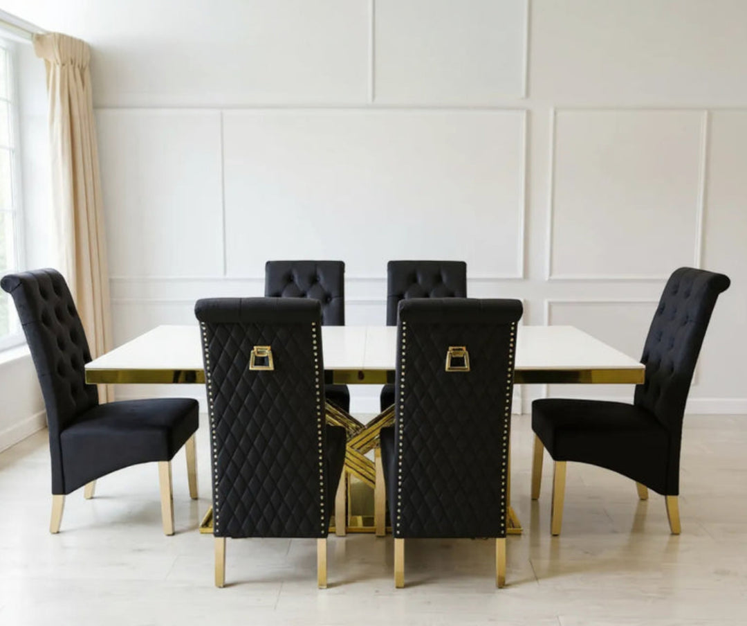 Rose Marble Dining Table Cream And Gold + Sofia Black And Gold Dining Chairs