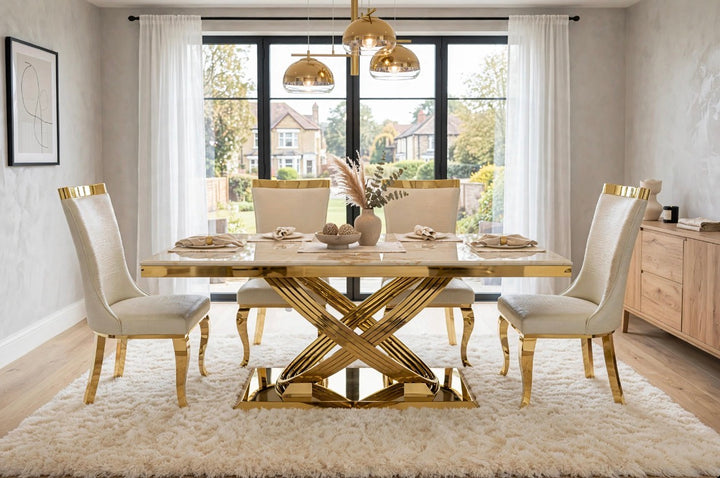 Rose Black & Gold Marble Dining Table with Roxby Black & Gold Dining Chairs | Luxury Dining Set