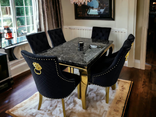Louise Gold Dining Table Black + Majestic Black Dining Chairs Lion Knocker Black