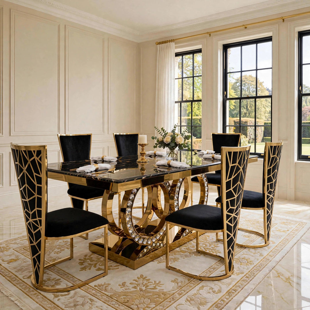 180cm Crystal Black & Gold Dining Table, Rose Black & Gold Chairs, Gold Dining Set UK