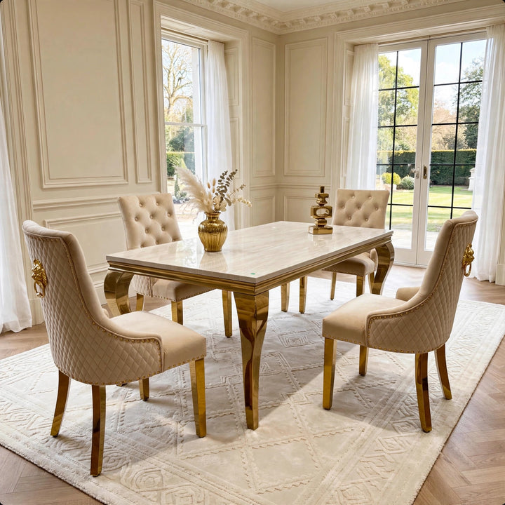 Louise Gold Cream Marble Dining Table with Mink & Gold Lion Knocker Velvet Chairs – 4, 6 & 8 Seater