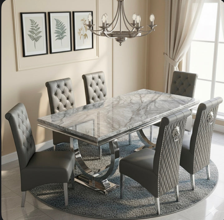 Arianna Grey Marble Dining Table with Dark Grey PU Leather Dining Chairs Lion Knocker– Modern Luxury Dining Set