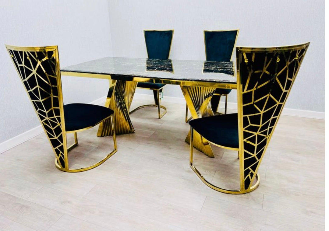 Rocco Marble Black & Gold Dining Table Set with Vienna Black & Gold Chairs – Luxury Marble Dining Set (160cm & 180cm)