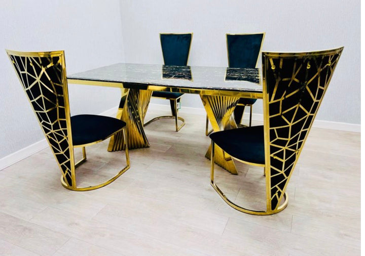 Rocco Marble Black & Gold Dining Table Set with Vienna Black & Gold Chairs – Luxury Marble Dining Set (160cm & 180cm)