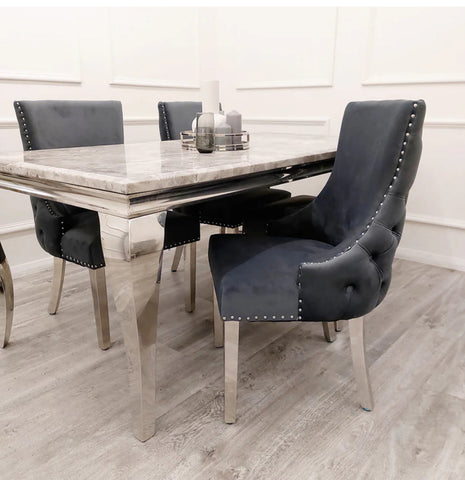 1.5M Louis Marble Dining Table + Kensington Dark Grey Dining Chairs