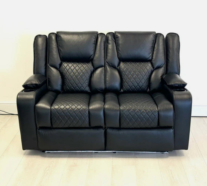 A black electric leather recliner sofa with a cup holder and illuminated by blue LED lights, set against a white background.