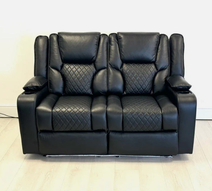 A black electric leather recliner sofa with a cup holder and illuminated by blue LED lights, set against a white background.