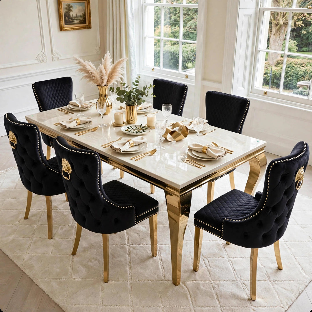 Louis Cream Gold Marble Dining Table + Victoria Black And Gold Dining Chairs Lion Knocker