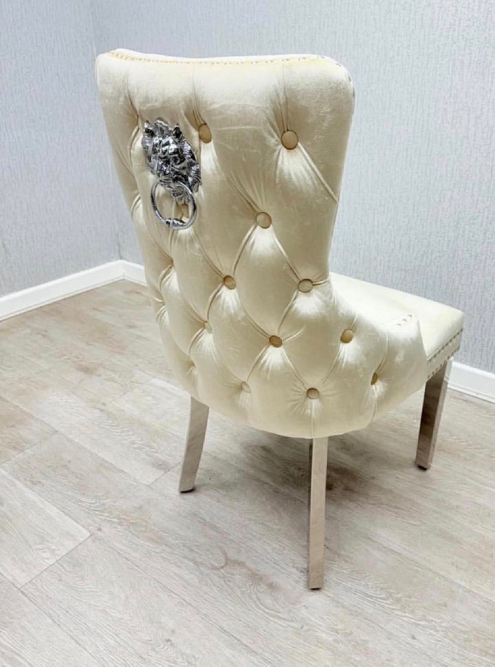 Louise Cream Marble Dining Table Set With Victoria Cream Lion knocker Chairs