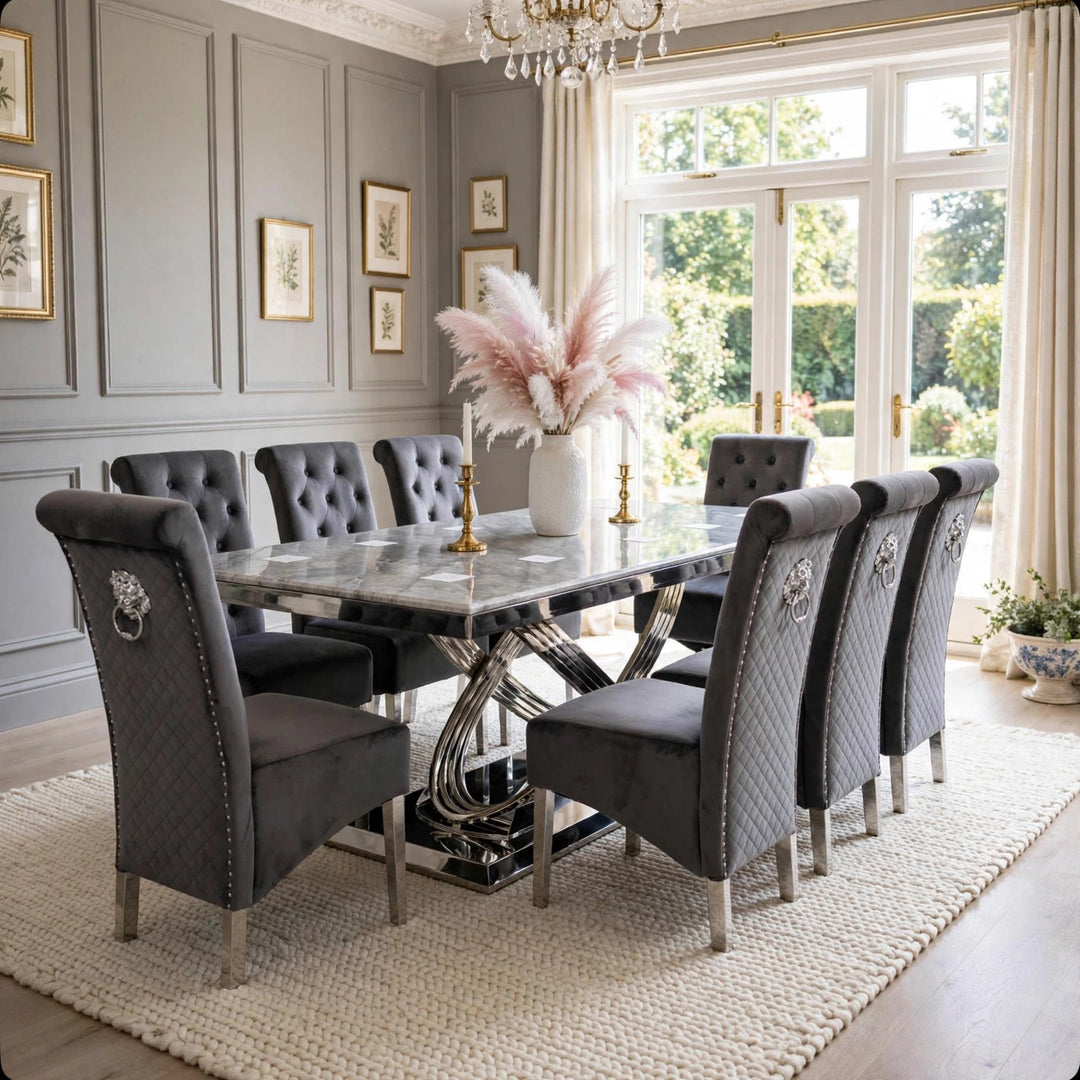 Rose Light Grey Marble Dining Table with Sofia Dark Grey Lion Knocker Velvet Chairs