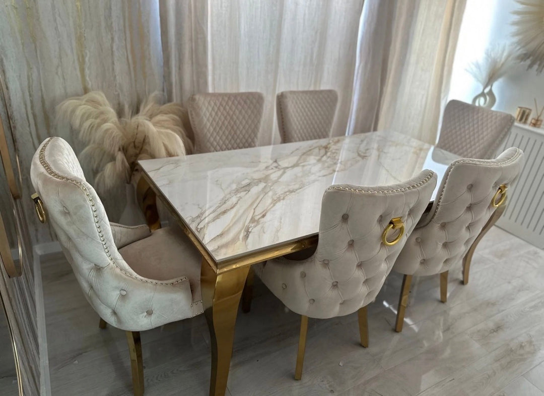 Louise White & Gold Marble Dining Table with Cream Velvet Ring & Lion Knocker Chairs – Luxury Dining Set
