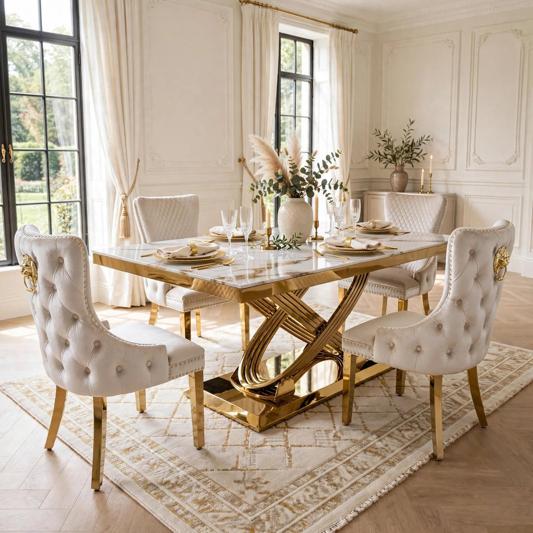 Rose White & Gold Marble Dining Table with Victoria Cream Gold Velvet Dining Chairs | 160cm or 180cm