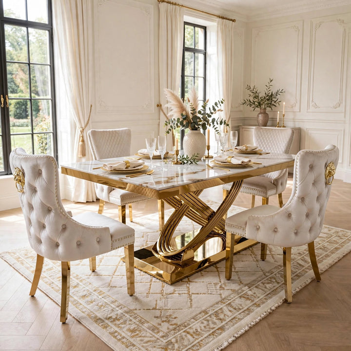 Rose White & Gold Marble Dining Table with Victoria Cream Gold Velvet Dining Chairs | 160cm or 180cm