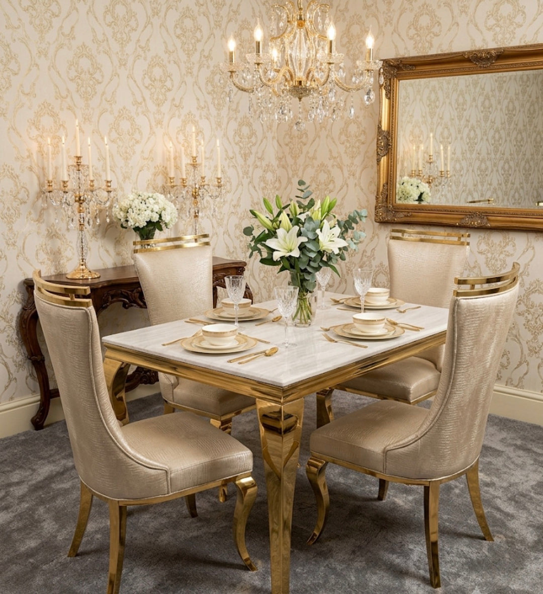 160cm Louise Table cream and Gold + 4 Samantha cream & Gold chair
