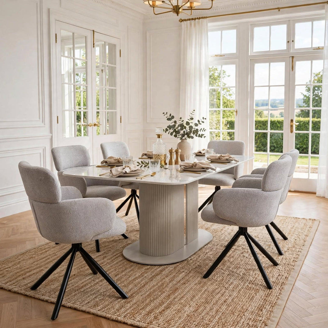 Alasgar Marble Dining Table 160cm White & Cream Pedestal Table with Tuscany Grey 360 Swivel Chair Velvet Swivel Chairs Dining Set