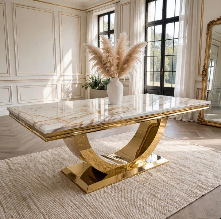 London Gold Dining Table with 6 Chairs Roxby Cream & Gold Velvet Luxury Dining Set