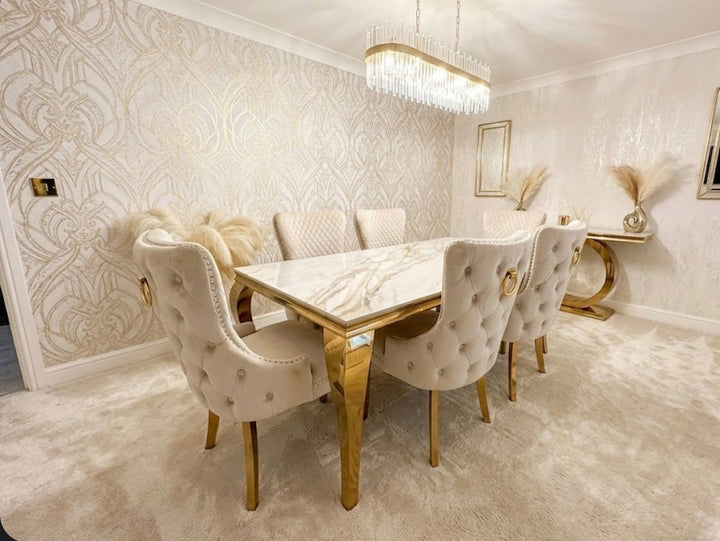 Louise White & Gold Marble Dining Table with Cream Velvet Ring & Lion Knocker Chairs – Luxury Dining Set