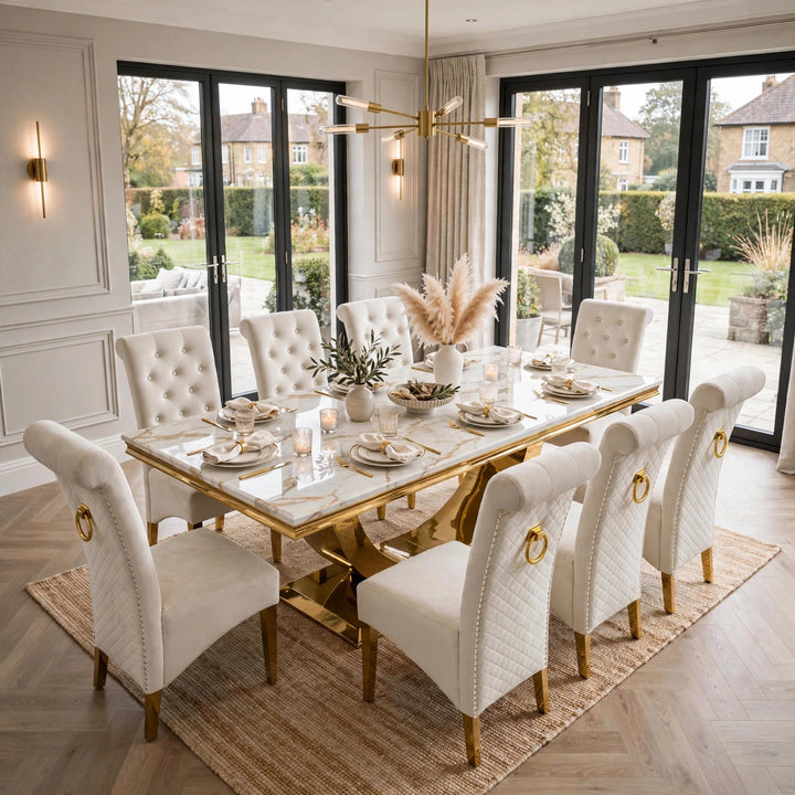 London White & Gold Marble Dining Table with Cream And Gold Lucy Velvet Dining Chairs
