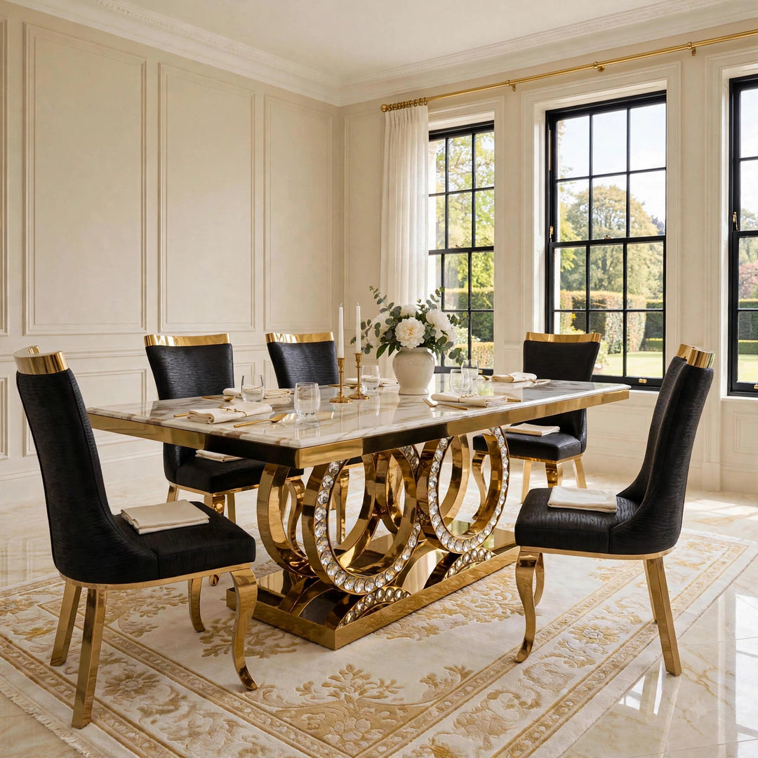 180cm Crystal Black & Gold Marble Dining Table with Pu Leather Roxby Black & Gold Chairs