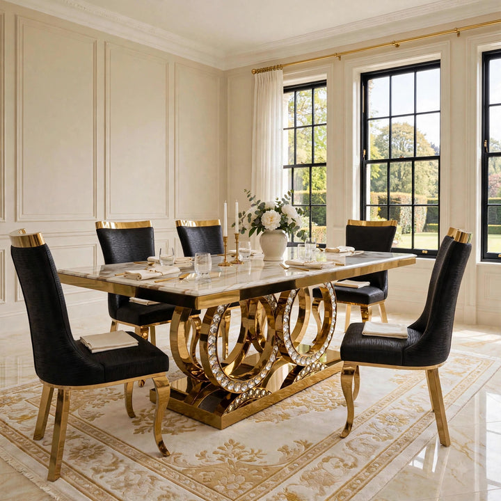 180cm Crystal Black & Gold Marble Dining Table with Pu Leather Roxby Black & Gold Chairs