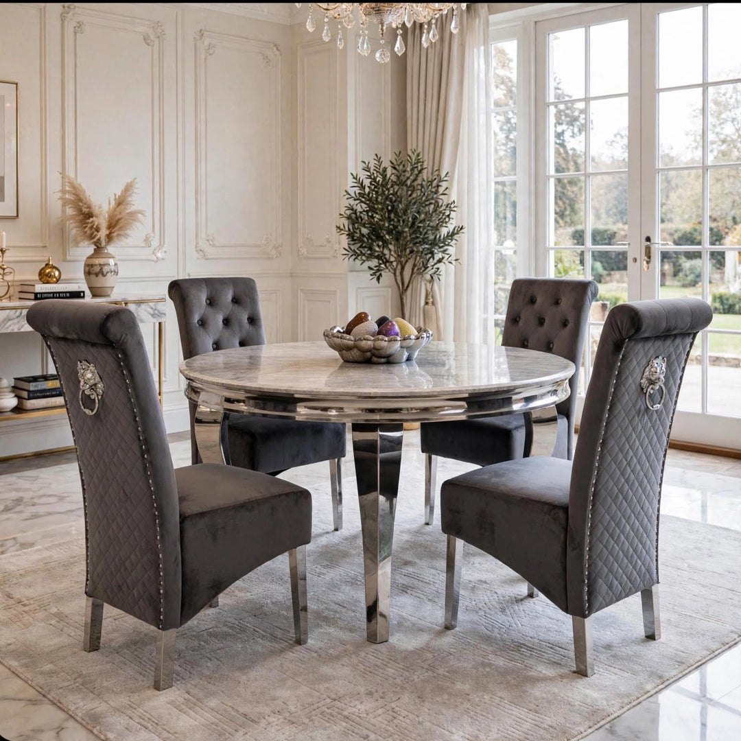 Louise 130cm Round Light Grey Marble Dining Table with Dark Grey Velvet Chairs – 4 Seater