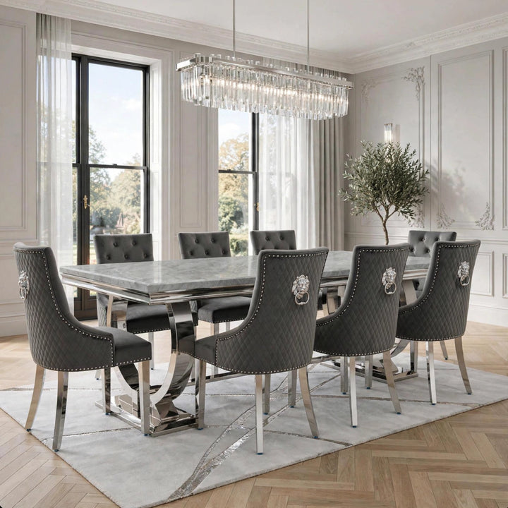 Arianna Light Grey Marble Dining Table with Dark Grey Lion Knocker Chairs