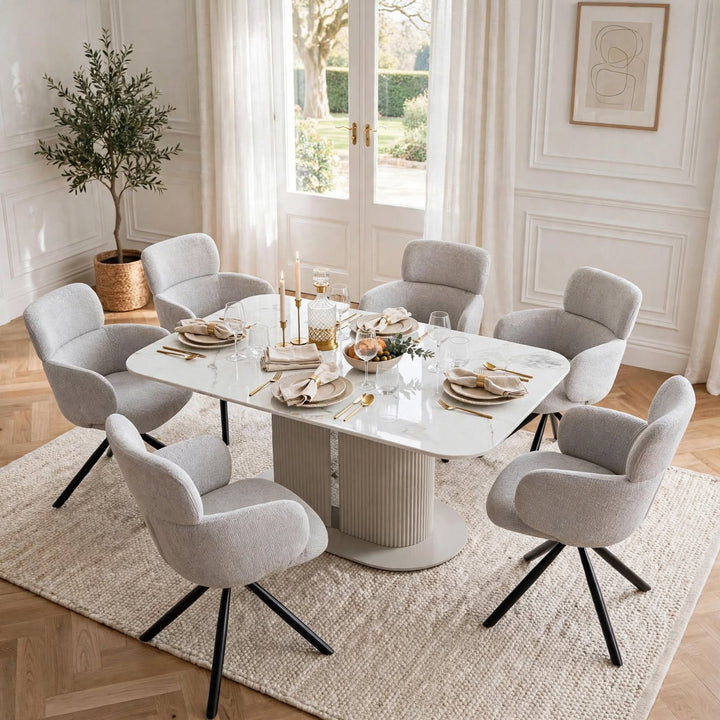 Alasgar Marble Dining Table 160cm White & Cream Pedestal Table with Tuscany Grey 360 Swivel Chair Velvet Swivel Chairs Dining Set