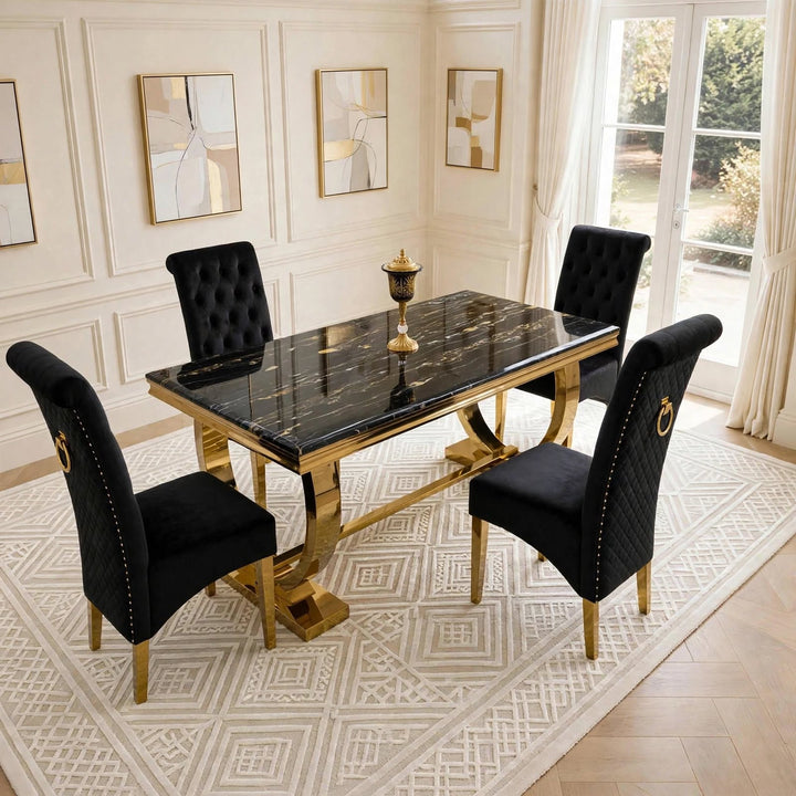 Arianna Black & Gold Marble Dining Table with Black And Gold Lucy Velvet Dining Chairs