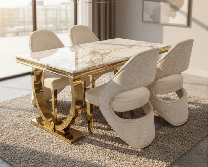 Arianna 160cm Gold Marble Dining Set With Santorini Cream And Gold Dining Chairs