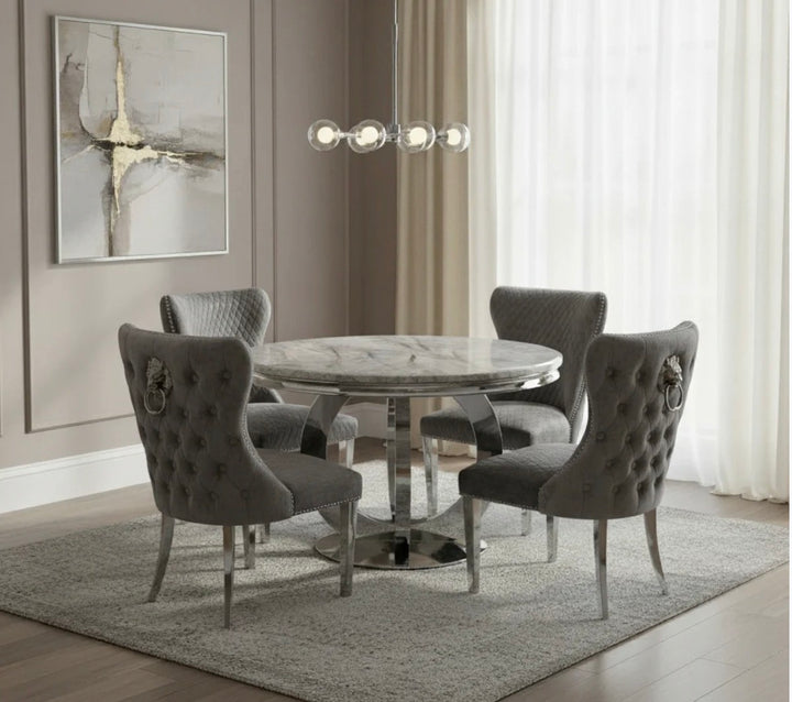 1.3M Chealse Round Round Dining Table Set With 4 Valentino Dark Grey Dining Chairs Lion Knocker