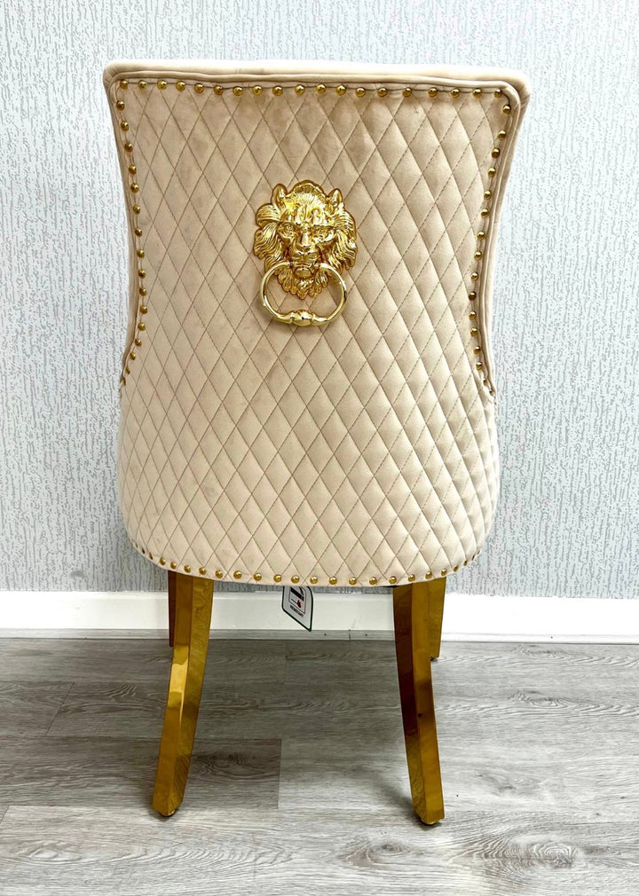 1.8M Mayfair Gold Dining Table with Majestic Gold Lion Knocker Dining Chairs | Luxury UK Dining Set