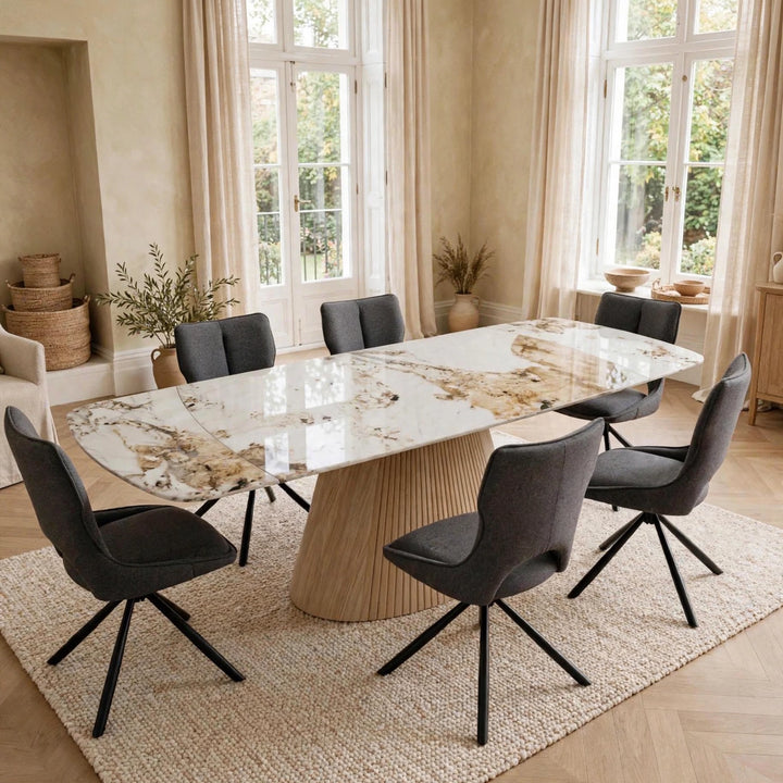 Marino Pandora Beige Extendable Dining Table 160-240cm with Roseland Grey Velvet 360° Swivel Chairs