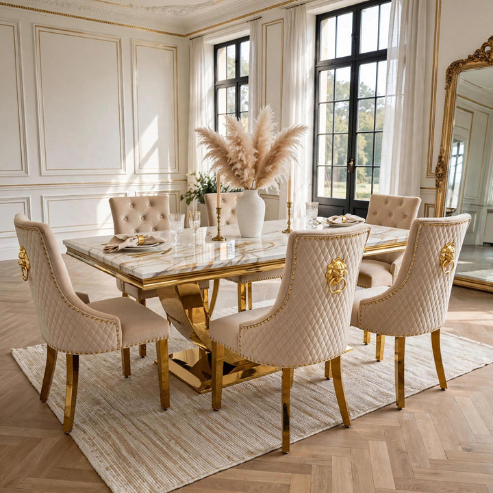 London White & Gold Marble Dining Table with Mink & Gold Lion Knocker Velvet Chairs – 4, 6 & 8 Seater
