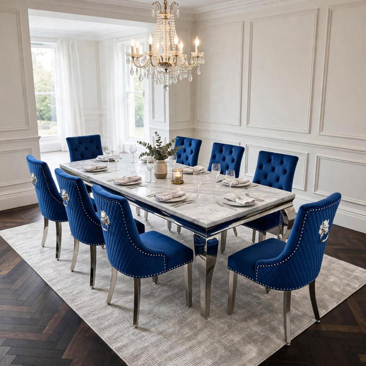 Louise Marble Dining Table with Majestic Blue Lion Knocker Chairs – Luxury Dining Set