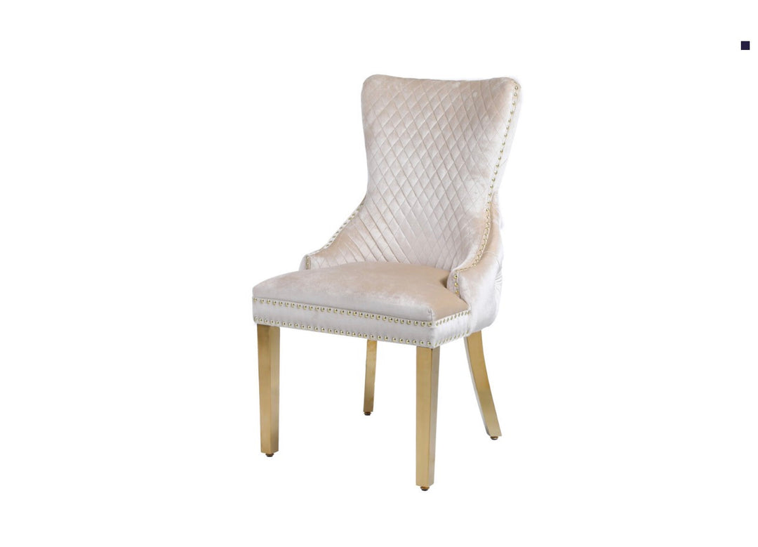 Rocco 180cm Cream Gold Dining Table With Victoria Cream Gold Lion knocker Dining Chairs