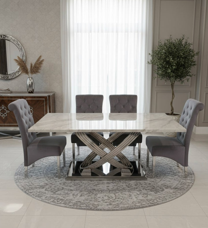 Rose 160cm Grey Marble Dining Table + Sofia Dark Grey Dining Chairs Lion Knocker