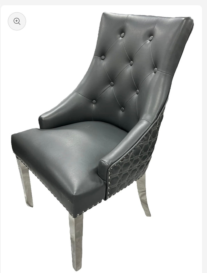 Pair of 2 | Roma Dark Grey PU Leather Dining Chair Ring Knocker
