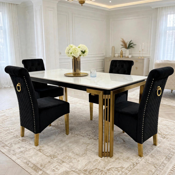 Sorrento White & Gold Marble Dining Table with Sofia Cream & Gold Velvet Dining Chairs