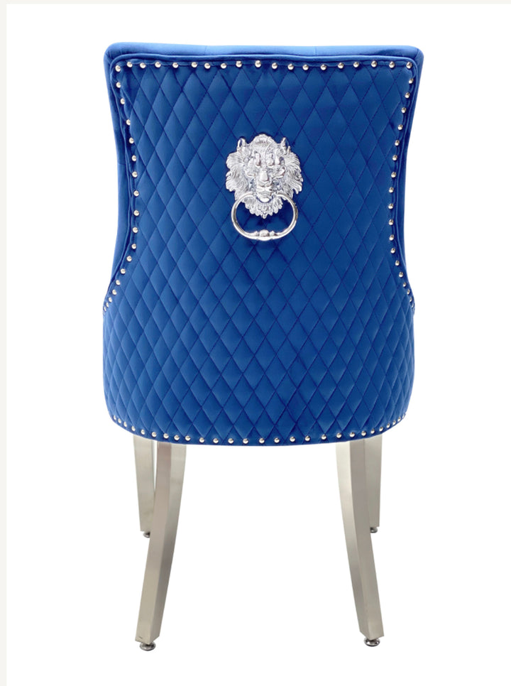 Louise Marble Dining Table with Majestic Blue Lion Knocker Chairs – Luxury Dining Set