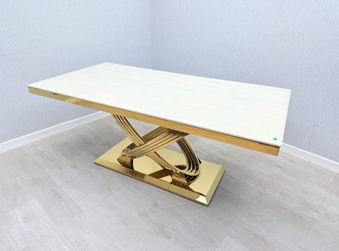Rose Cream & Gold Marble Dining Table Set with Valentino Mink & Gold Dining Chairs – Luxury Modern Dining Furniture