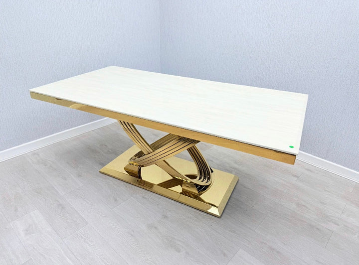 Rose Cream & Gold Marble Dining Table Set with Valentino Mink & Gold Dining Chairs – Luxury Modern Dining Furniture